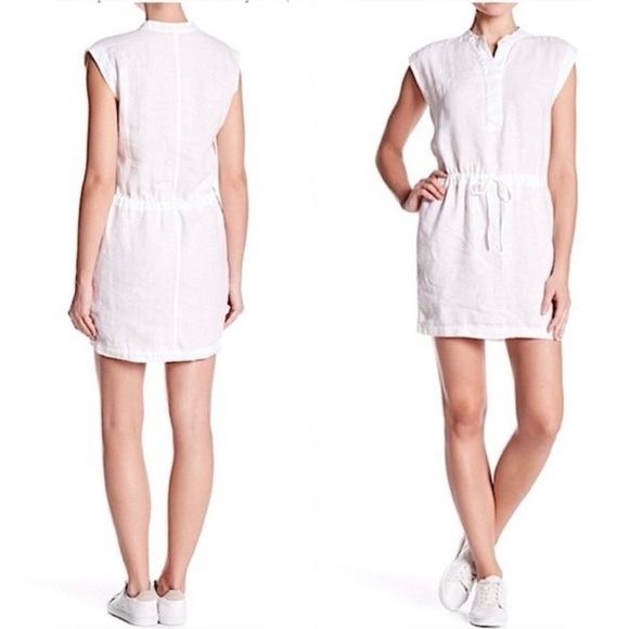 James Perse Dresses & Skirts - JAMES PERSE 100% Linen Drawstring Dress White Drop Waist Tie Waist Button Front